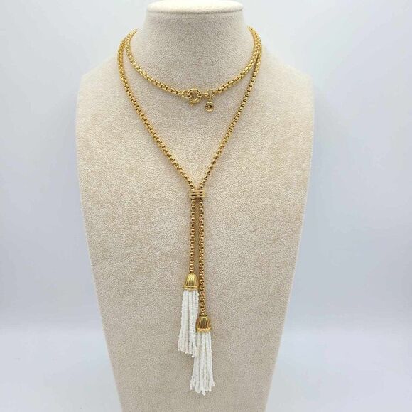 J Crew White Beaded Long Tassel Necklace NEW! NWOT! - Picture 4 of 11